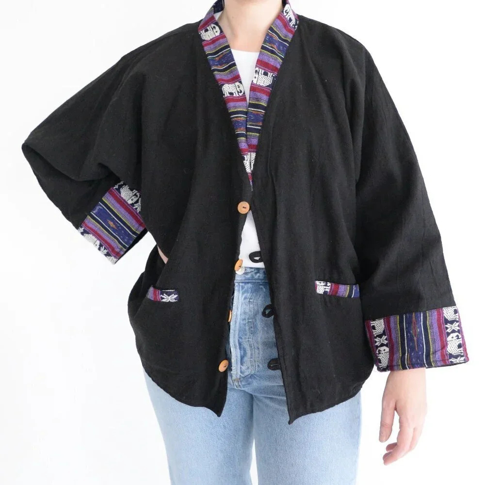 Vintage 90'S Bwana John's Black Aztec Elephant Cardigan 100% Cotton M